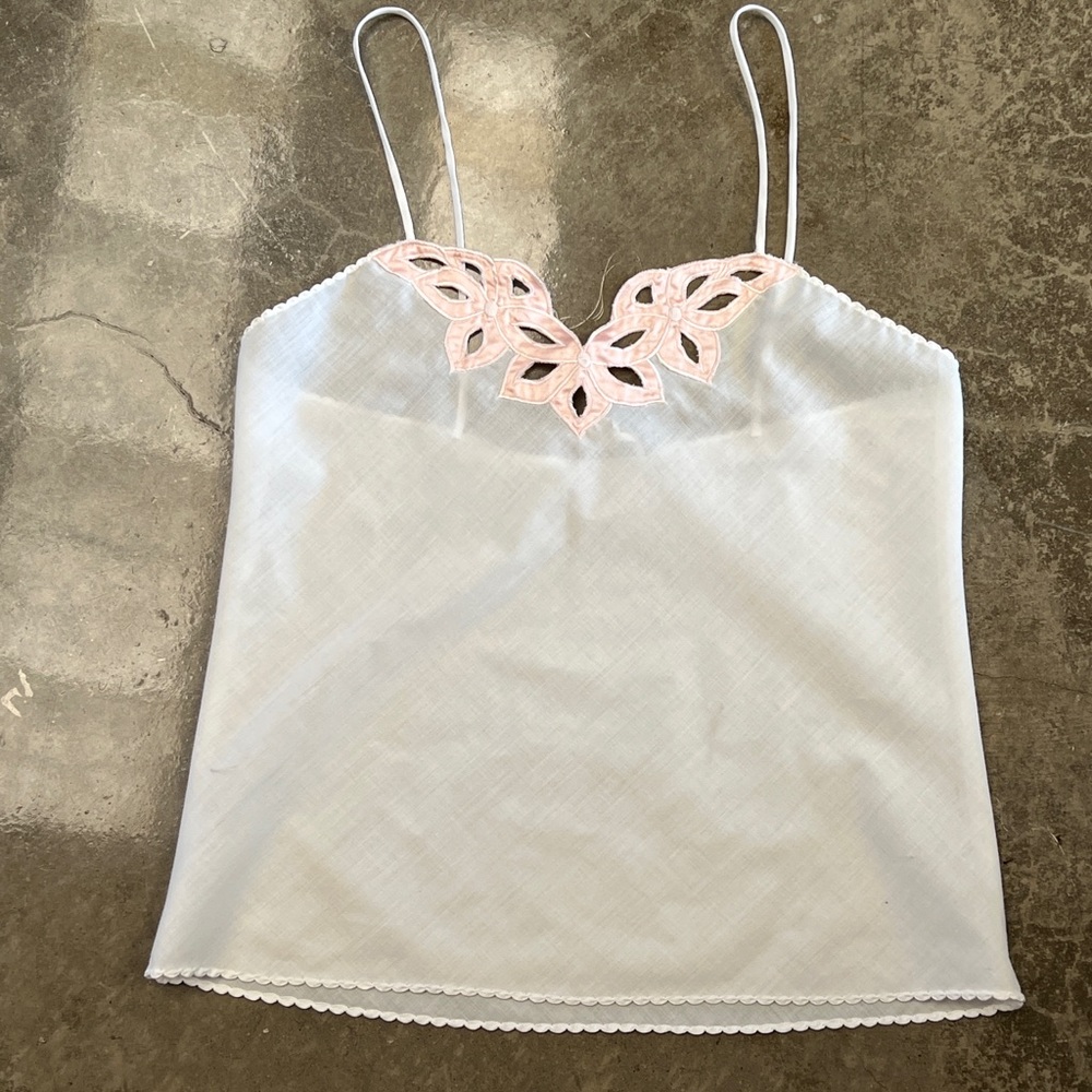 Natori vintage cotton tank, pink embroidery, vintage Seventies, sz S.